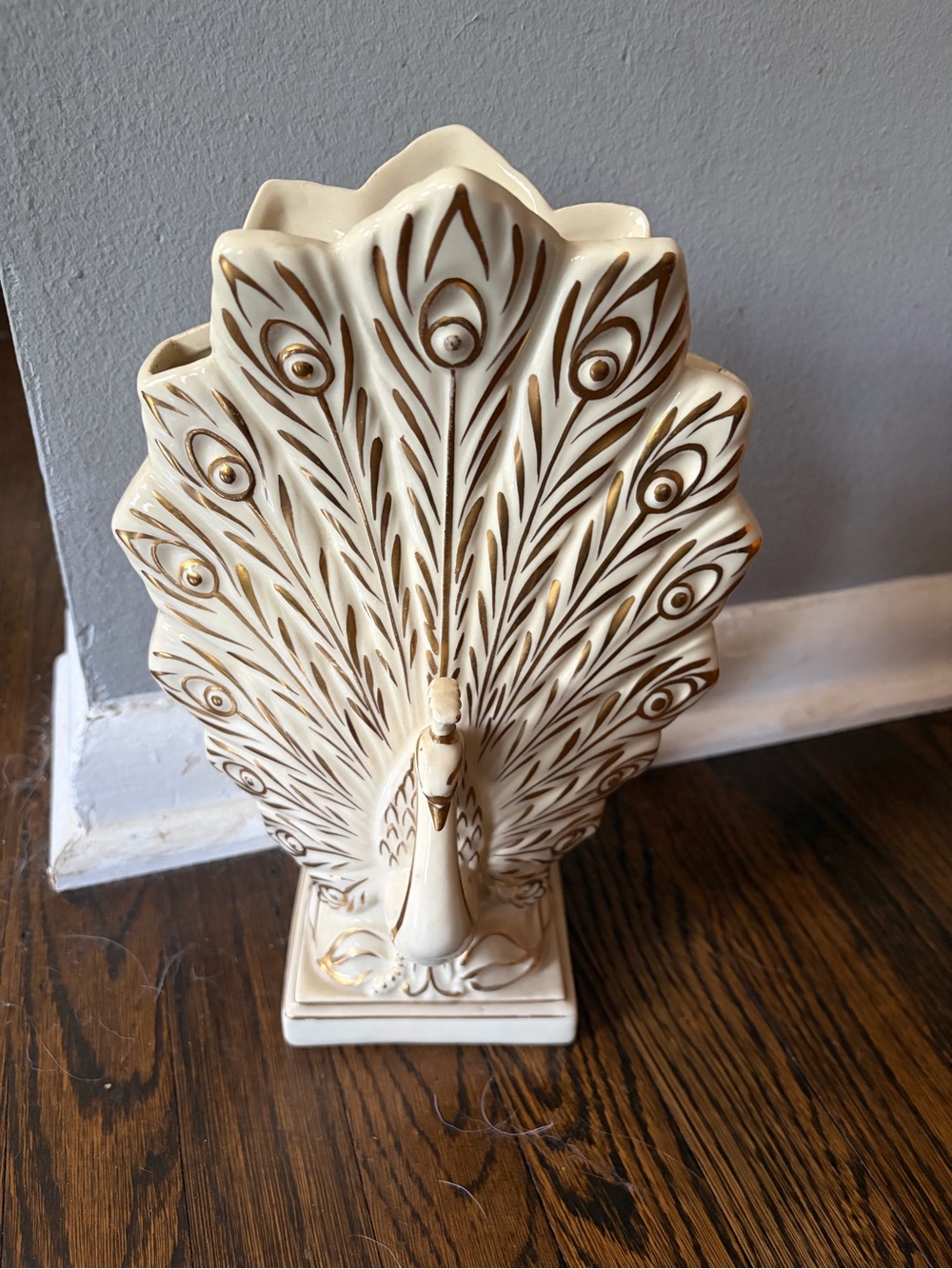 VINTAGE White and Gold glazed Ceramic Peacock Figurine